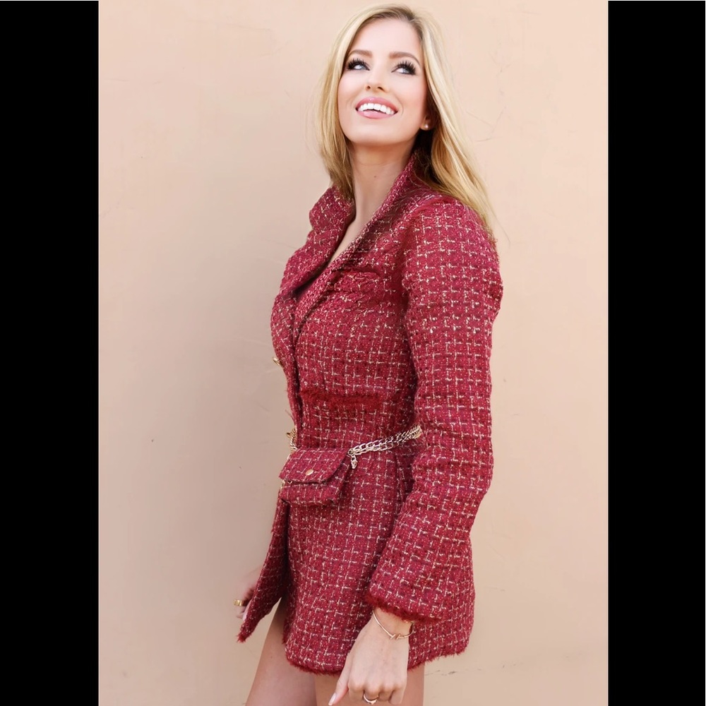 Red Tweed Plaid Blazer Dress no belt Size S/M